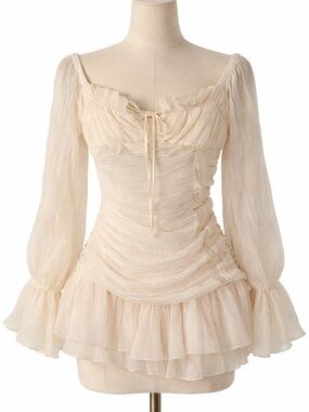 Balletcore Mini Long Sleeve Ruffle Dress L Off-Shoulder Fairycore Cottagecore